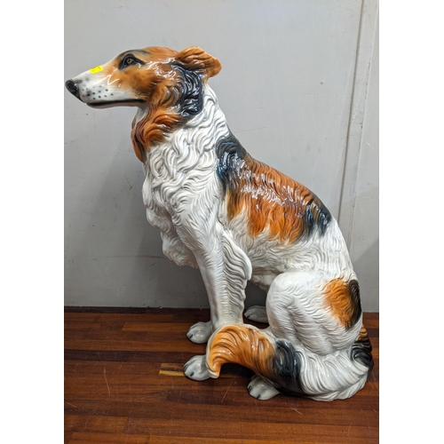 432 - A life size Italian ceramic floor standing statue/figure of a rough collie in a seated position, 73.... 