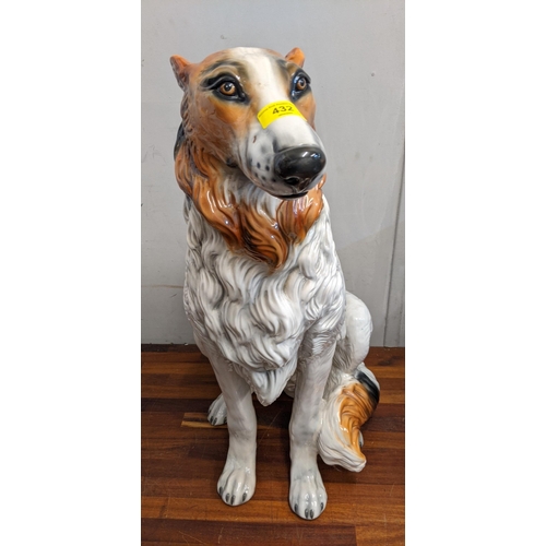 432 - A life size Italian ceramic floor standing statue/figure of a rough collie in a seated position, 73.... 