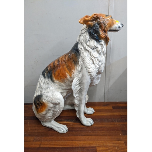 432 - A life size Italian ceramic floor standing statue/figure of a rough collie in a seated position, 73.... 