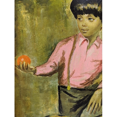 466 - A pair of oils on canvas, one of a young boy who is offering an orange and the other is a full lengt... 