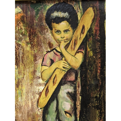 466 - A pair of oils on canvas, one of a young boy who is offering an orange and the other is a full lengt... 