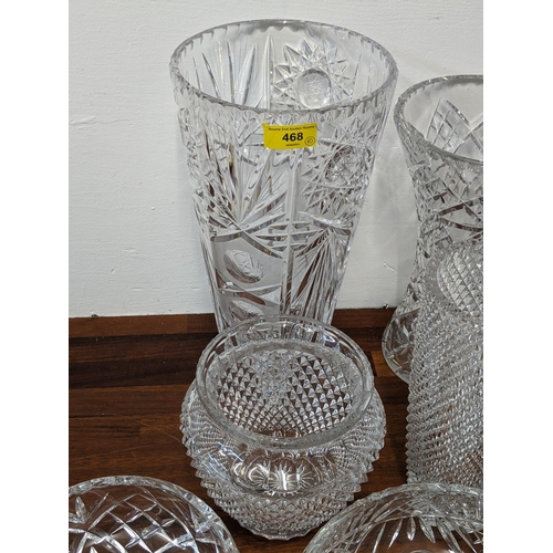 468 - Crystal to include two footed bowls, three cut crystal vases and other items A/F
Location:7-1
If the... 