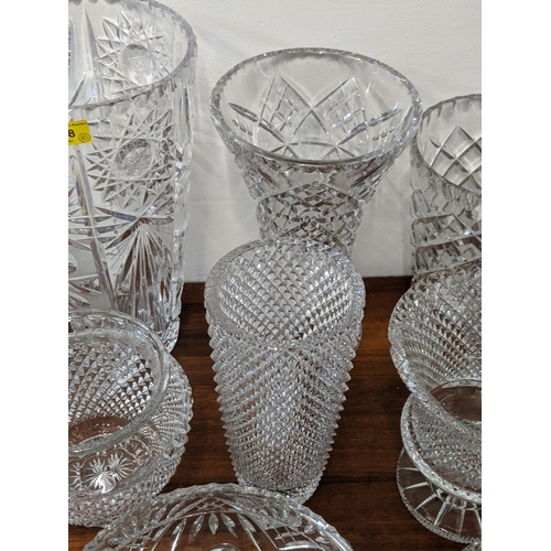 468 - Crystal to include two footed bowls, three cut crystal vases and other items A/F
Location:7-1
If the... 