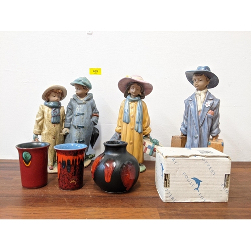 469 - Three Lladro figures, one of a boy holding two suitcases, the other of a girl holding a suitcase and... 