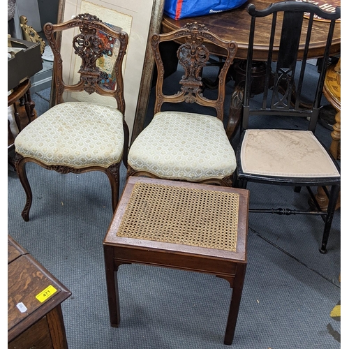 473 - A pair of late 19th century French carved walnut salon chairs, an ebonized chair, and a mahogany sto... 