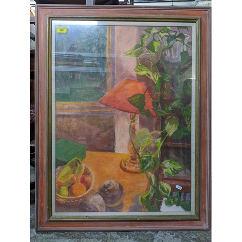 480 - Patrick Cullen - still life study of fruit by a table lamp with a trailing plant and oil painting - ... 