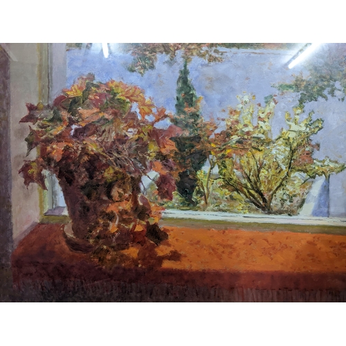 481 - Patrick Cullen - Plant by a window, still life study of a plant pot on a windowsill, books below, an... 