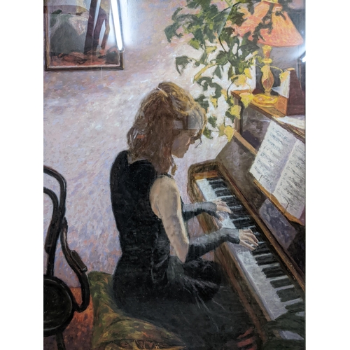 482 - Patrick Cullen - Piano recital - study of a young woman playing a piano, mixed media, signed lower l... 