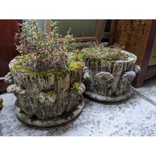 485 - A pair of weathered garden concrete planters with scrolled acanthus leaf decoration in relief to ext... 