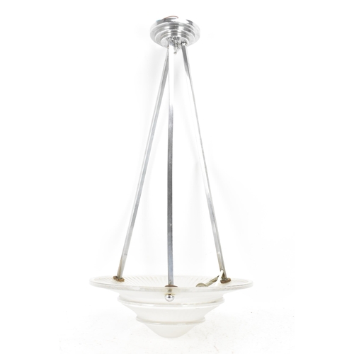 103 - An Art Deco chrome and opaque glass centre hanging light, the shade of circular graduated form suppo... 