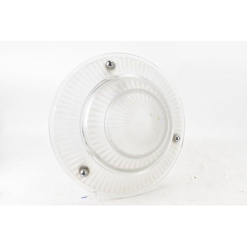 103 - An Art Deco chrome and opaque glass centre hanging light, the shade of circular graduated form suppo... 