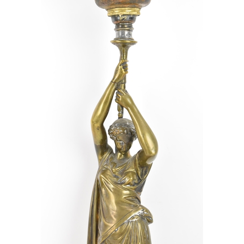 107 - A late 19th century French bronze figural table lamp, fashioned as a classical maiden holding a torc... 