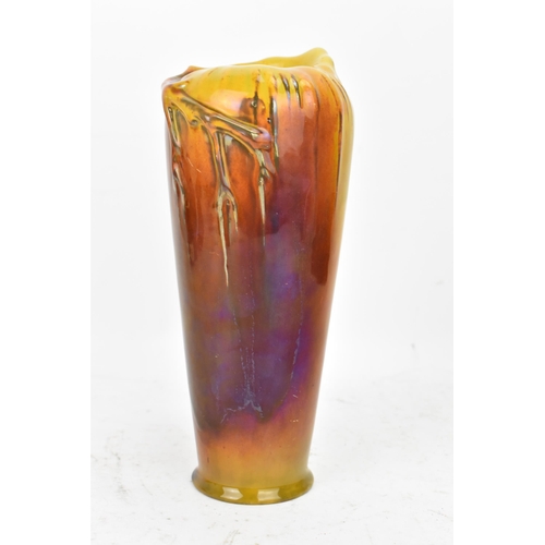 111 - A circa 1900 Zsolnay Pecs porcelain vase, iridescent glazed and of tapering form, decorated with an ... 