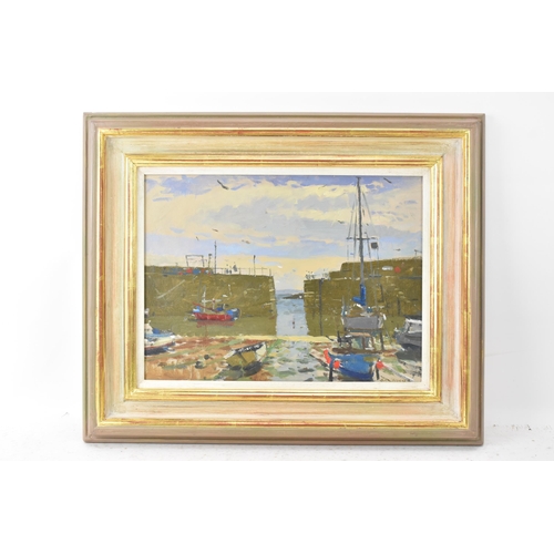 136 - Ken Howard, R.A. (1932-2022) - Oil on board entitled 'Mousehole' signed to the lower right corner, 3... 