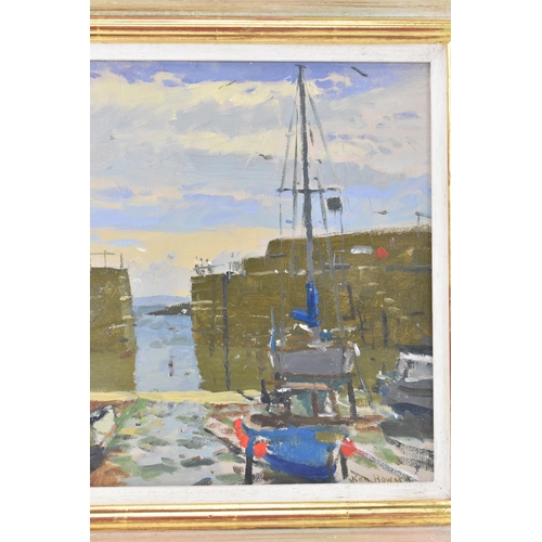 136 - Ken Howard, R.A. (1932-2022) - Oil on board entitled 'Mousehole' signed to the lower right corner, 3... 