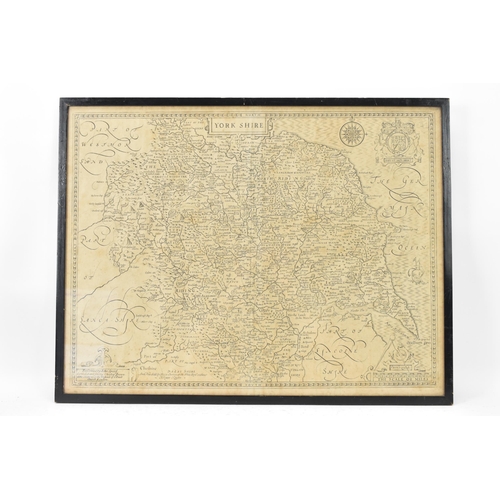 155 - A mid 18th century John Speed map of Yorkshire, with Royal Coat of Arms to top right corner and Chri... 