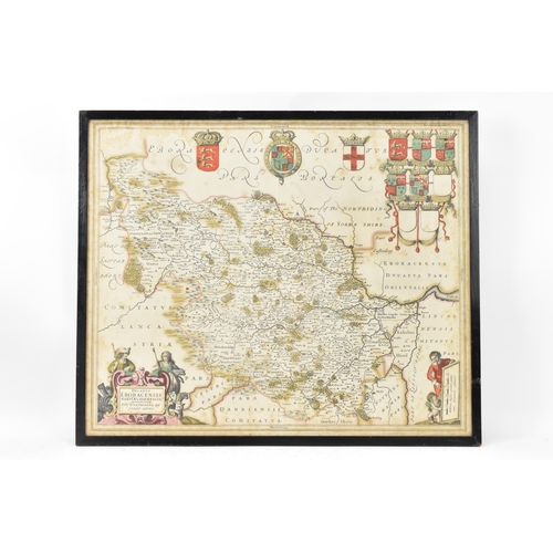 156 - A 17th century map of The West Riding of Yorkshire with Royal Coat of Arms to top and top right corn... 