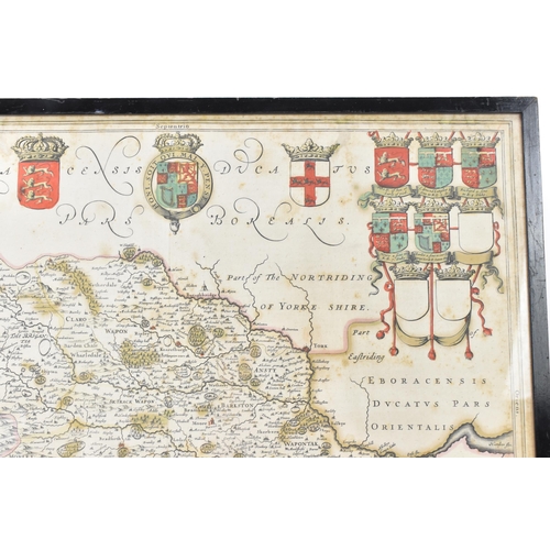 156 - A 17th century map of The West Riding of Yorkshire with Royal Coat of Arms to top and top right corn... 