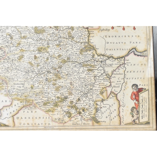 156 - A 17th century map of The West Riding of Yorkshire with Royal Coat of Arms to top and top right corn... 