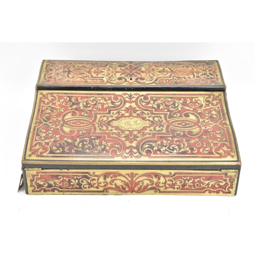 158 - A late 19th century French boulle work writing slope box, the exterior having brass cartouche to the... 