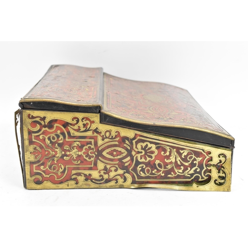 158 - A late 19th century French boulle work writing slope box, the exterior having brass cartouche to the... 