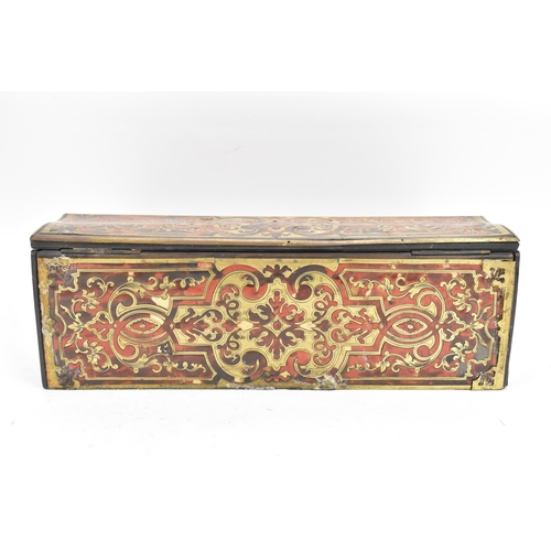 158 - A late 19th century French boulle work writing slope box, the exterior having brass cartouche to the... 