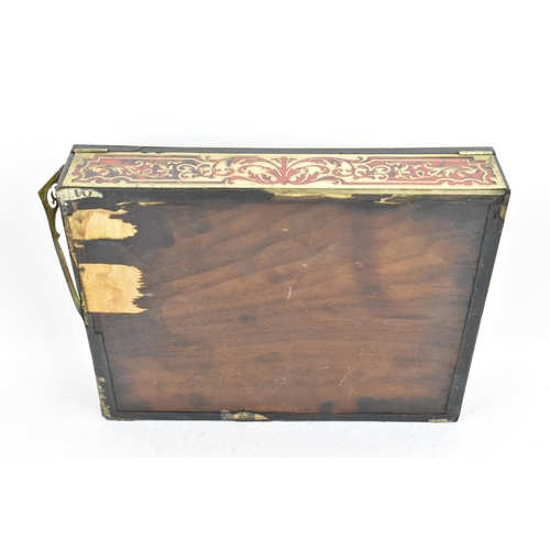 158 - A late 19th century French boulle work writing slope box, the exterior having brass cartouche to the... 