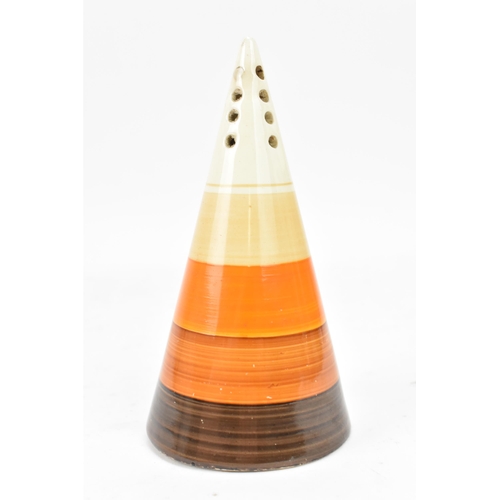 16 - An Art Deco Clarice Cliff Bizarre conical sugar shaker, hand painted with beige, orange and brown ba... 