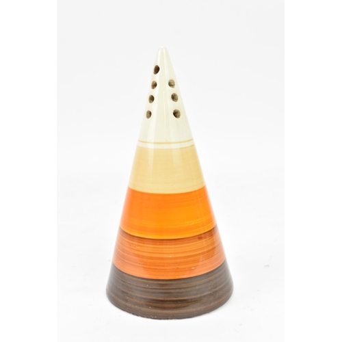 16 - An Art Deco Clarice Cliff Bizarre conical sugar shaker, hand painted with beige, orange and brown ba... 