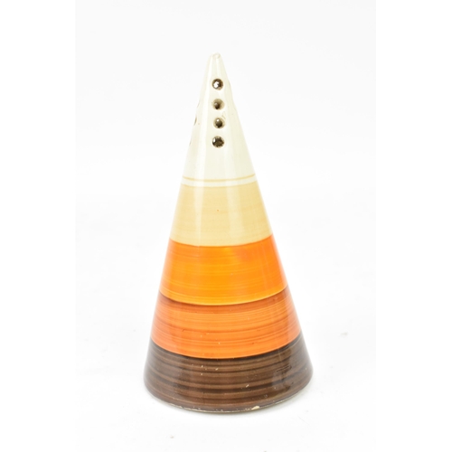 16 - An Art Deco Clarice Cliff Bizarre conical sugar shaker, hand painted with beige, orange and brown ba... 