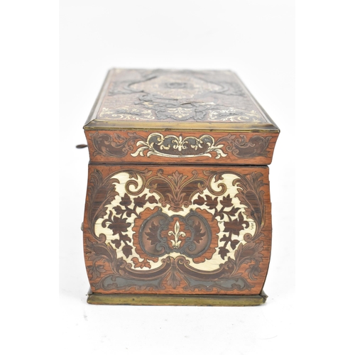 161 - A 19th century French marquetry inlaid tea caddy, of slight bombe form, profusely inlaid with ivory ... 