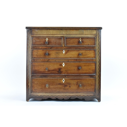 164 - A 19th century mahogany inlaid traders sample chest of two short and three long drawers, having a hi... 