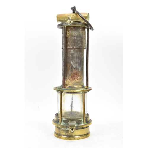 166 - An early 20th century Laidler Of Durham brass three bar Clanny-type frame safety lamp with stamped m... 