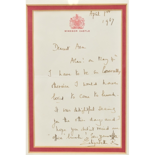 169 - A Queen Elizabeth The Queen Mother handwritten letter, dated 1st April 1967, on official Windsor Cas... 