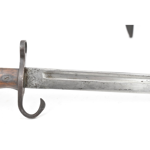 170 - An early 20th century Japanese type 30 Arisaka Bayonet, with wooden grips, hooked J shaped quillon a... 