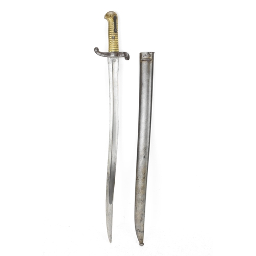 182 - A 19th century French model 1842 Bayonet, with brass handle, steel cross guard and muzzle ring, hous... 