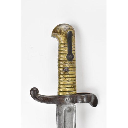 182 - A 19th century French model 1842 Bayonet, with brass handle, steel cross guard and muzzle ring, hous... 