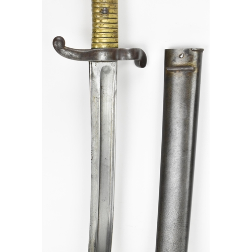 182 - A 19th century French model 1842 Bayonet, with brass handle, steel cross guard and muzzle ring, hous... 