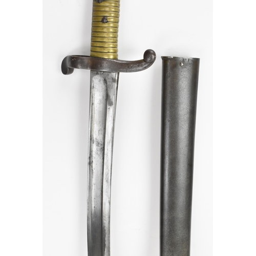 182 - A 19th century French model 1842 Bayonet, with brass handle, steel cross guard and muzzle ring, hous... 