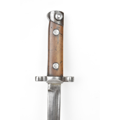 187 - A WWII Italian M38 fixed knife bayonet, wooden slab grips, secured by two screws, stamped to the gri... 