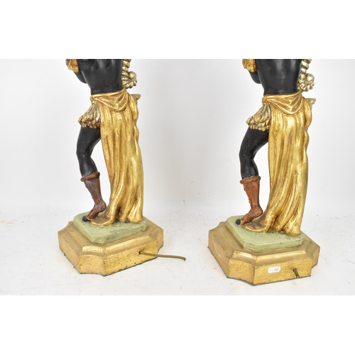 189 - A pair of mid 20th century treen painted blackamoor table lamps, each modelled as a boy holding a co... 