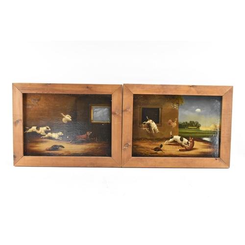 193 - British school (19th century) Two oil on boards depicting dogs chasing a fox, each unsigned and in c... 