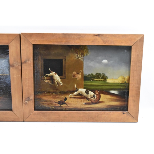 193 - British school (19th century) Two oil on boards depicting dogs chasing a fox, each unsigned and in c... 