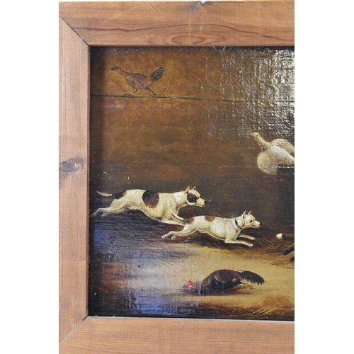 193 - British school (19th century) Two oil on boards depicting dogs chasing a fox, each unsigned and in c... 