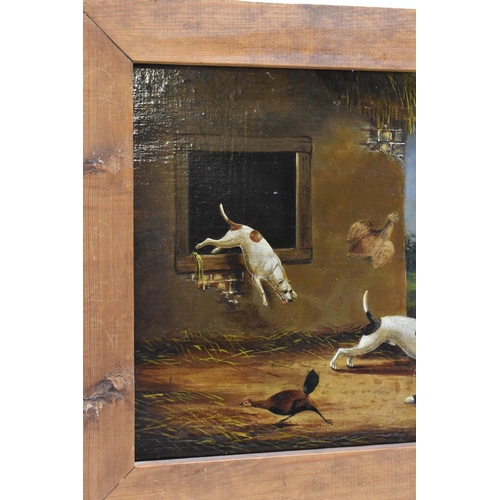 193 - British school (19th century) Two oil on boards depicting dogs chasing a fox, each unsigned and in c... 