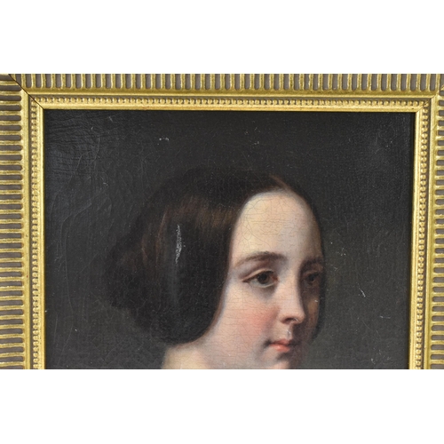 194 - A 19th century oil on canvas portrait depicting a young lady, 22cm x 28.5cm, in a later gilt painted... 