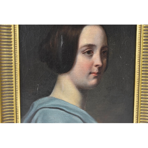 194 - A 19th century oil on canvas portrait depicting a young lady, 22cm x 28.5cm, in a later gilt painted... 