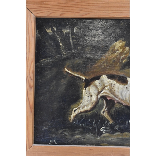 196 - British school (19th century) An oil on board depicting a hunting dog in a country landscape, unsign... 