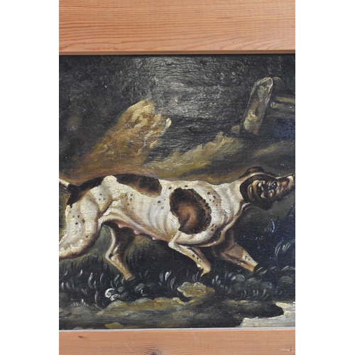 196 - British school (19th century) An oil on board depicting a hunting dog in a country landscape, unsign... 