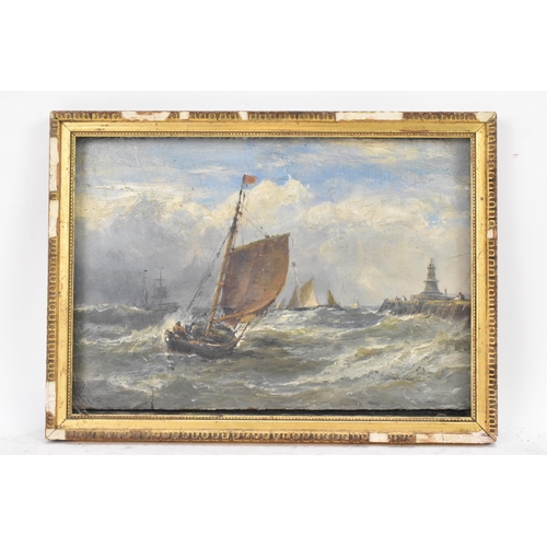 198 - Edwin Hayes (Irish 1820-1904) An oil on board sailing boats with a lighthouse, signed to the lower l... 